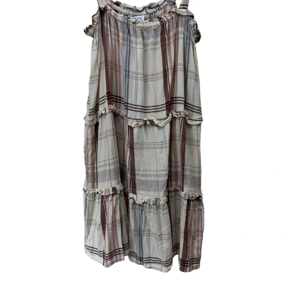 Cottagecore Tiered Smock Dress with Tie Shoulders, Creamy White Plaid, XL